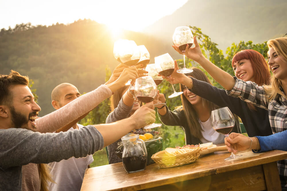 Young People Enjoying Harvest Time Together Outside at Farm House Vineyard Countryside