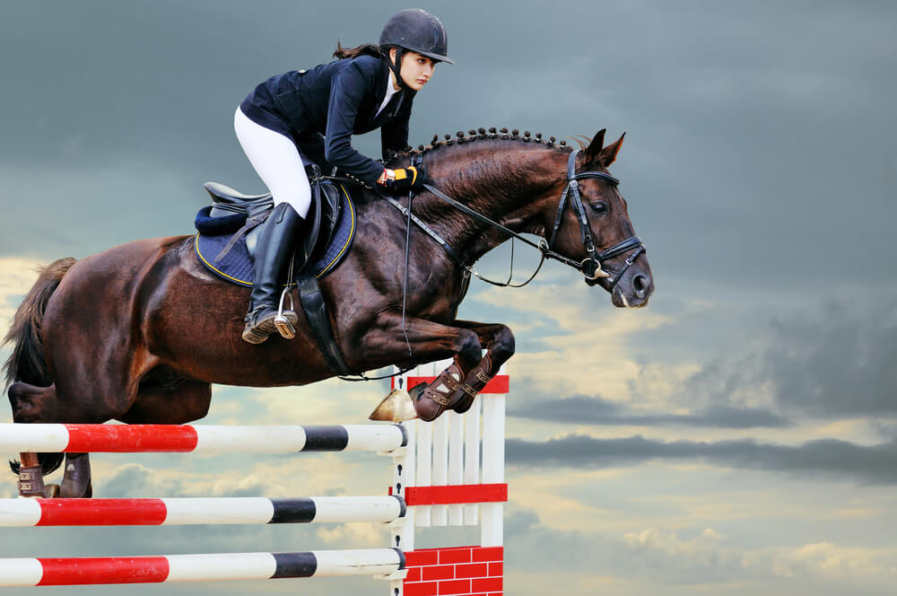 Young Girl Riding a Horse and Jumping Obstacles in Jumping Show