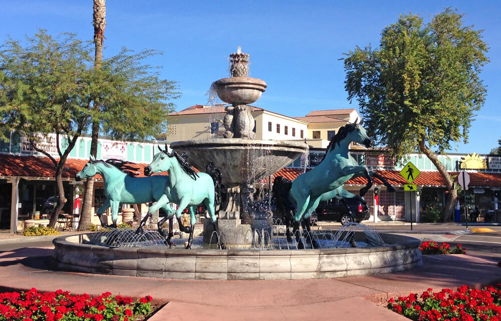 Bronze Horse Fountain on the Corner of 5th Avenue in Old Town Scottsdale Arizona