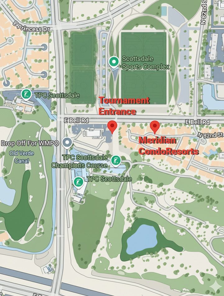 Map view of TPC Scottsdale area showing tournament entrance and Meridian CondoResorts on East Bell Road.