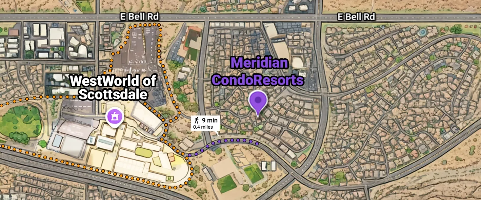 Map view highlighting WestWorld of Scottsdale and Meridian CondoResorts with orange dotted boundary and purple walking route; indicates a 0.4 mile, 9-minute walk between the two sites.